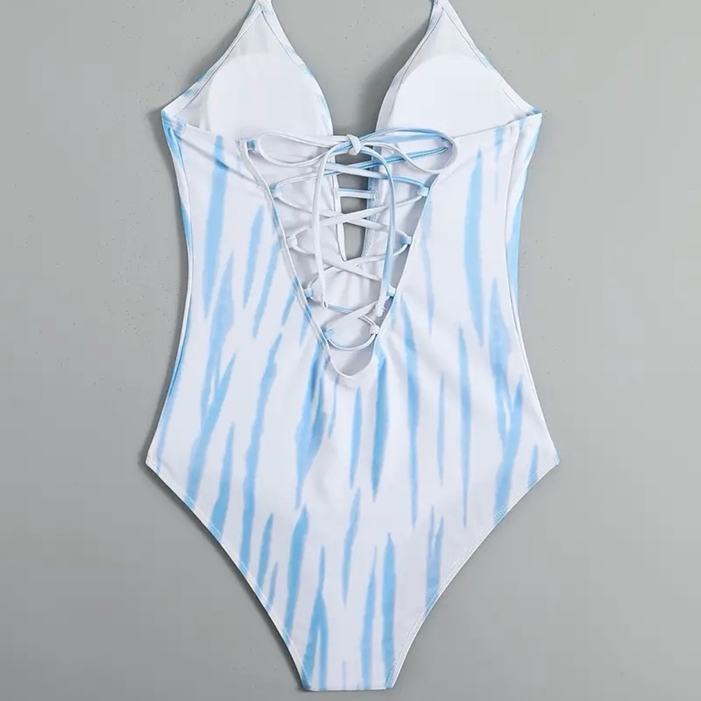 Lace up Strap Back Push up Halter Neck Swimsuit White Blue Print Bathing Suit